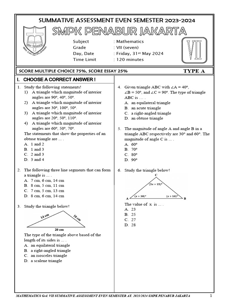 MAT B (TYPE A) ASSGp KLS 7 AY. 20232024 Download Free PDF