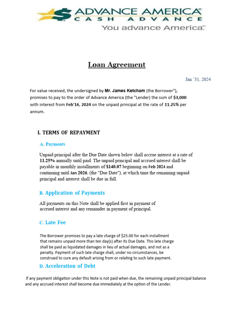 Loan Agreement Advance America Loans PDF Debt Debtor