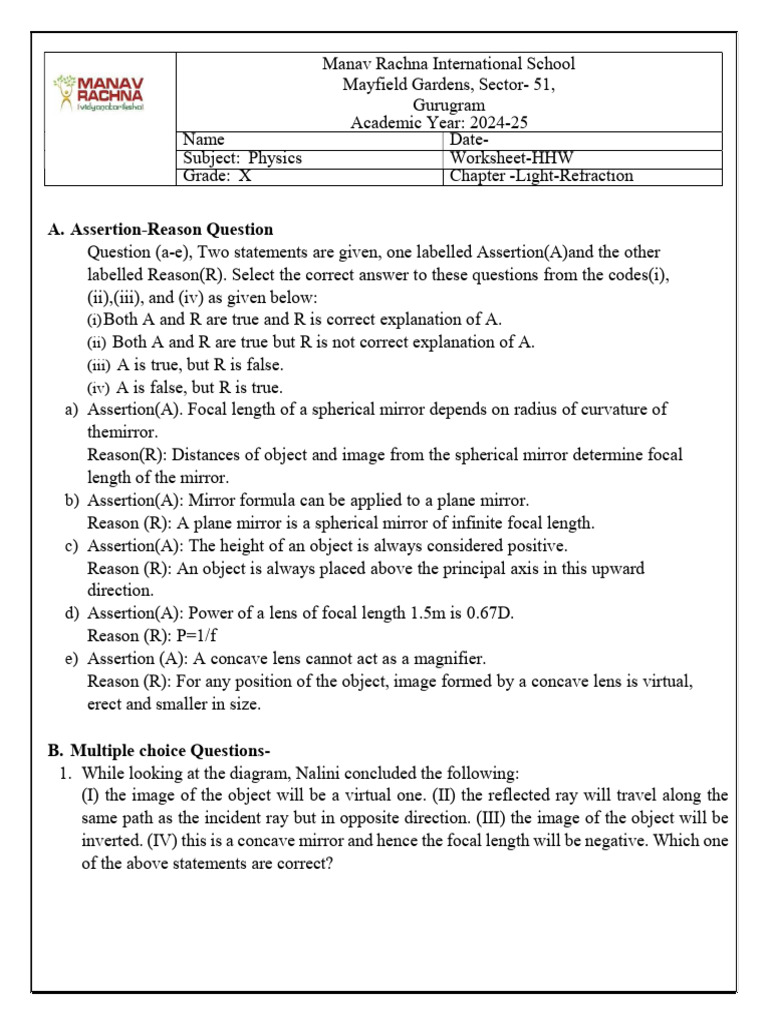 Grade X Physics Worksheet 2 | PDF | Glass Engineering And Science ...
