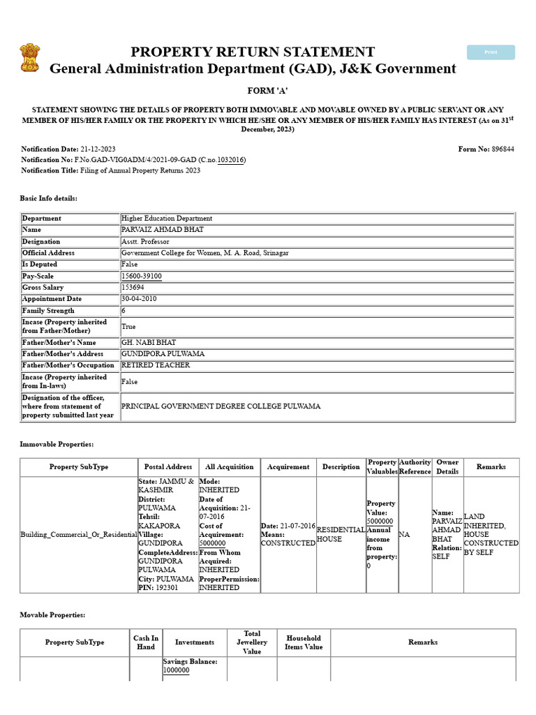 J&K Property Return Statement 2023 | PDF | Economies