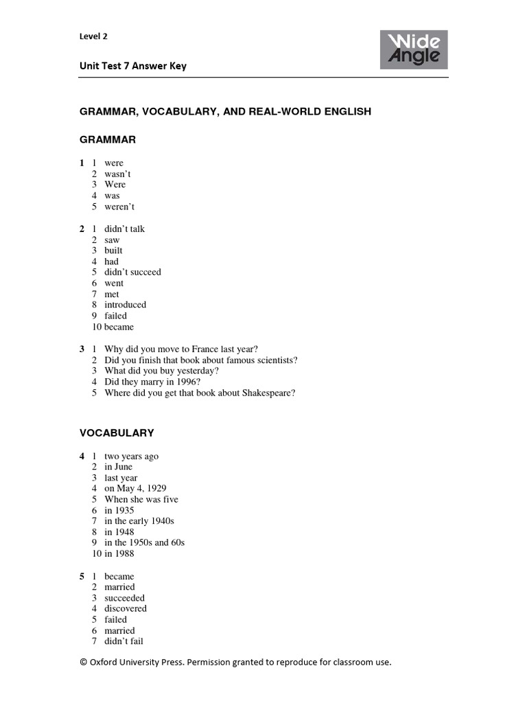 WA 02 Unit Test 07 Answer Key | PDF