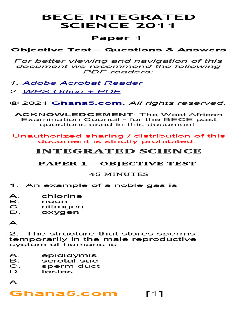 BECE 2011 Science Questions & Answers | PDF | Atoms