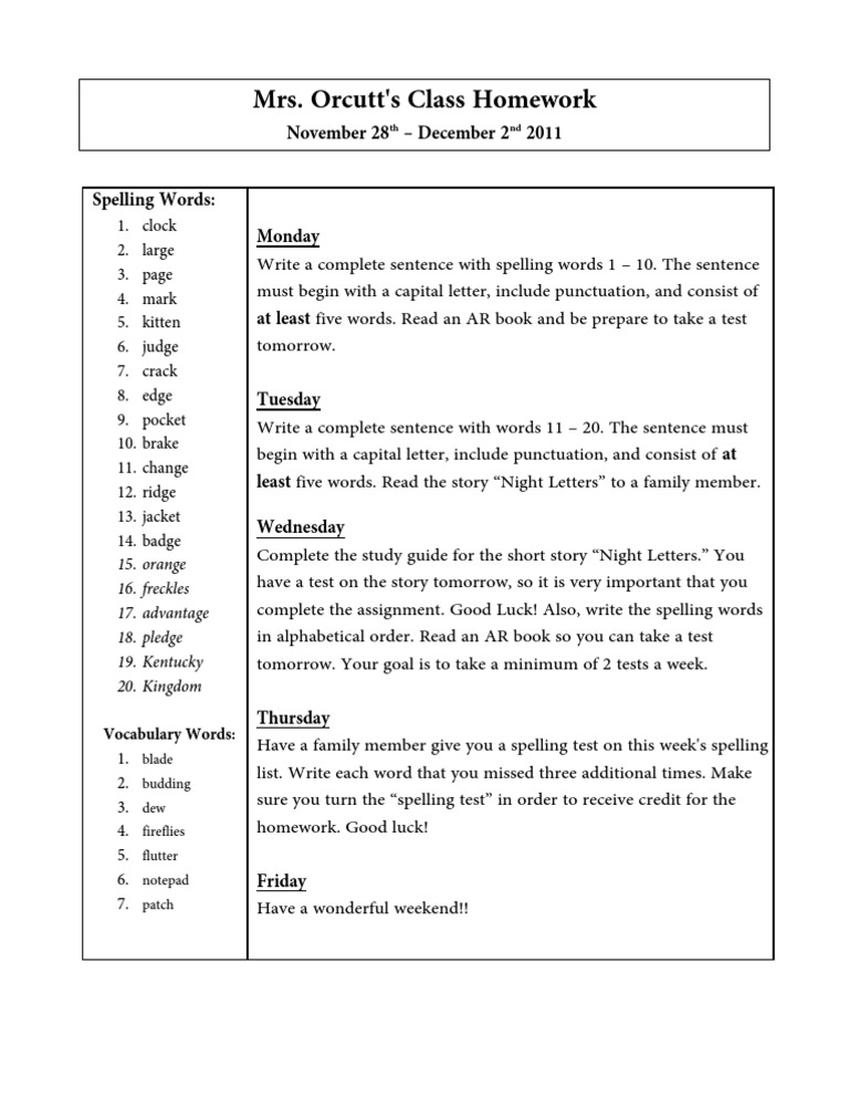 Night Letters Homework | PDF