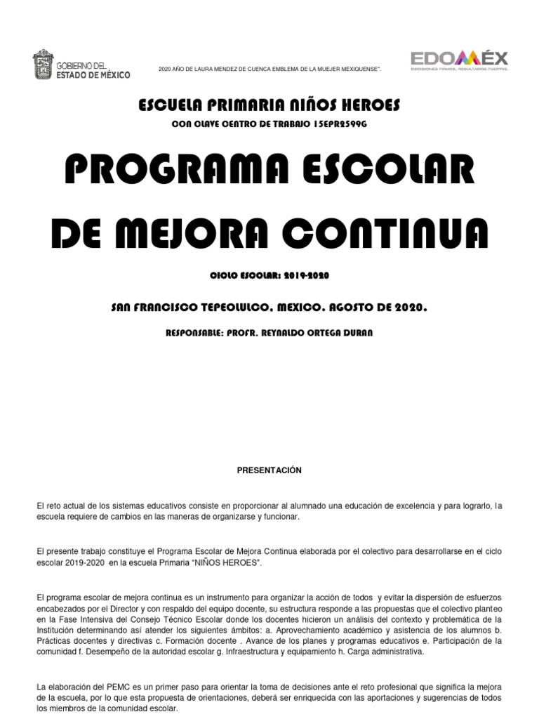 Programa de Mejora Continua Escolar 2020 | PDF | Enseñando | Aprendizaje