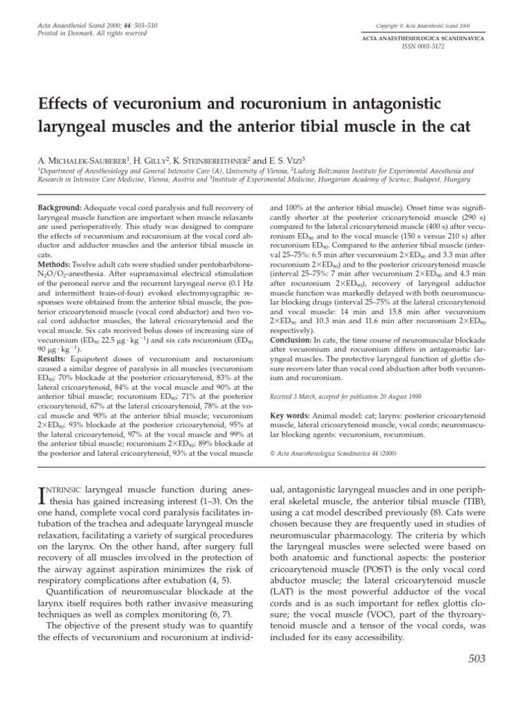 Effects of Vecuronium and Rocuronium in Antagonistic Laryngeal Muscles ...