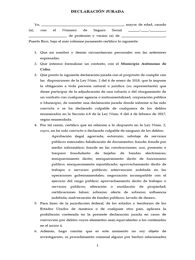 Declaración Jurada para Contrato Municipal | PDF | Fraude | Justicia