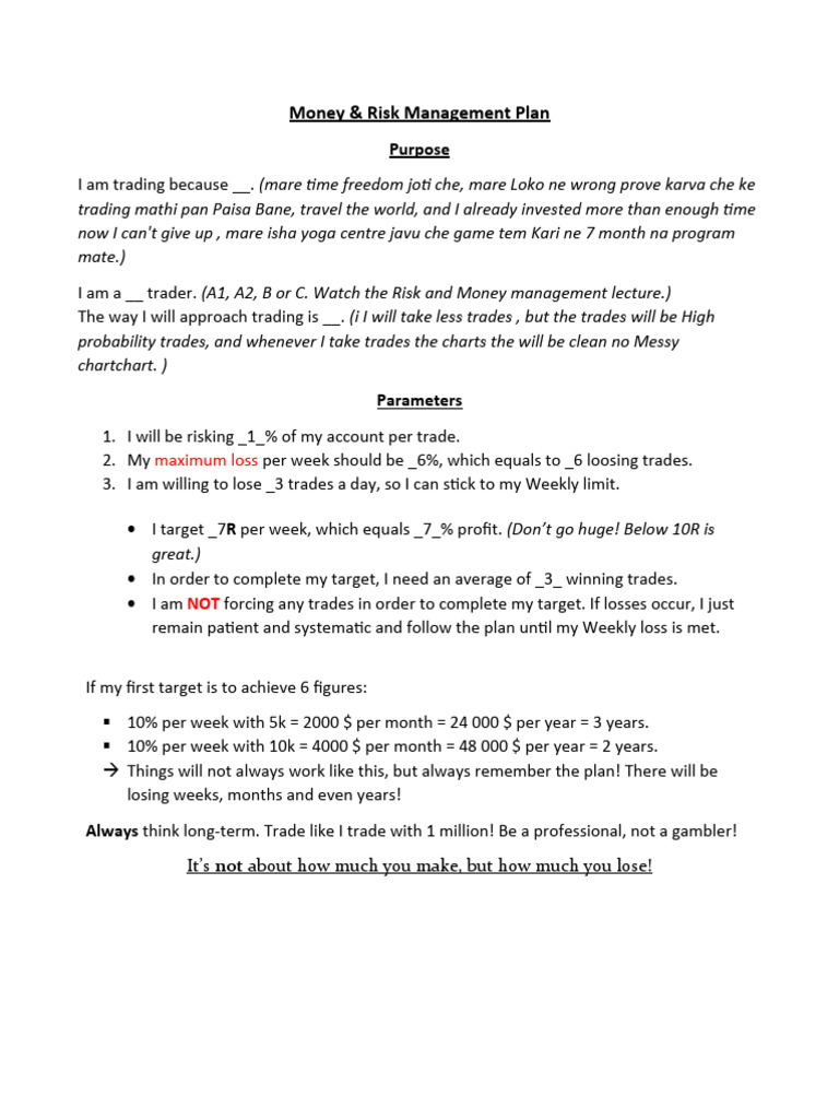Money & Risk Management Plan: Purpose | PDF | Risk | Economies