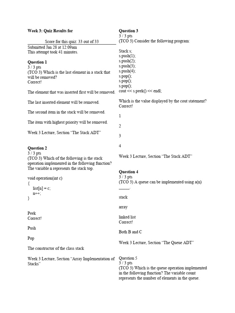 Quiz Results: Stack and Queue Concepts | PDF | Teaching Methods & Materials