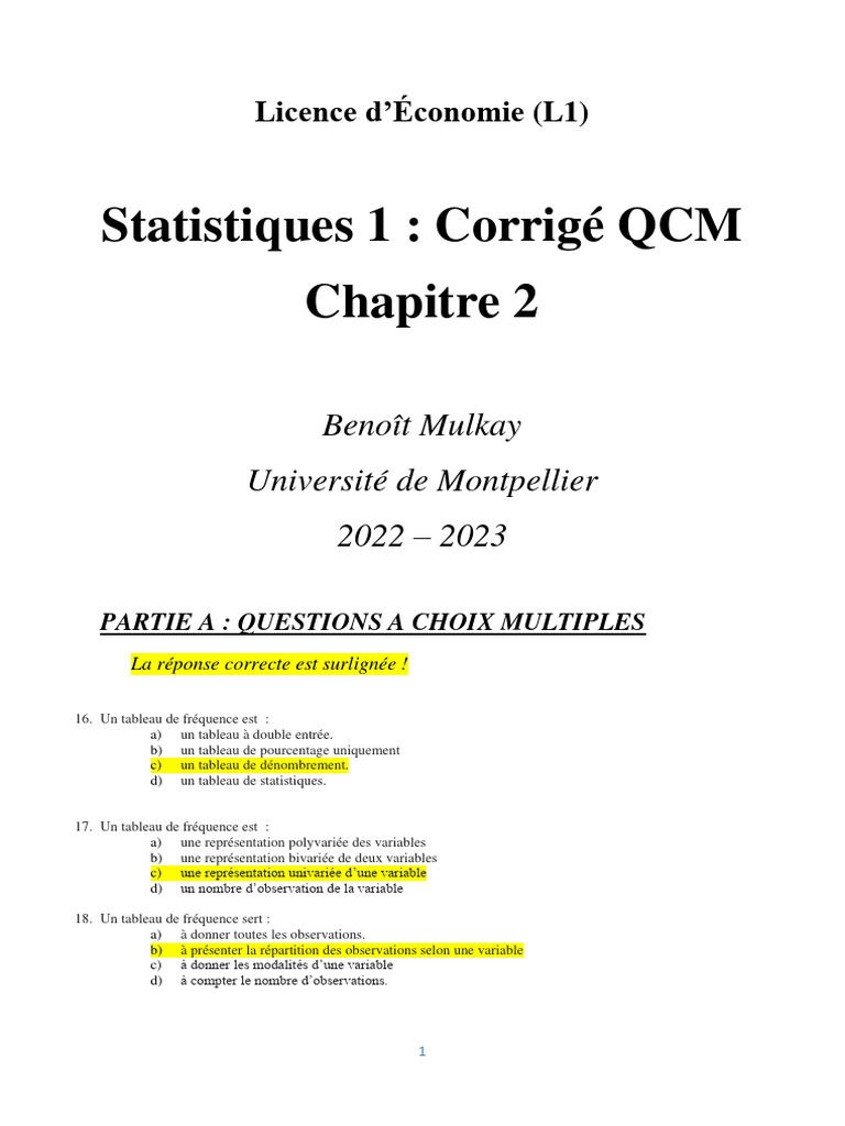 Corrigé QCM Statistiques 1 | PDF