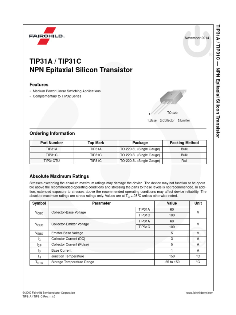 TIP31A/C NPN Transistor Specifications | PDF | Bipolar Junction ...