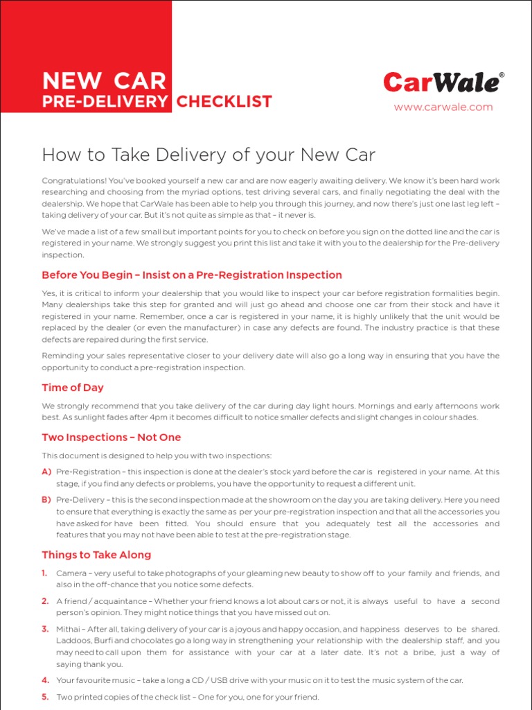 New Car Pre Delivery Inspection Checklist PDF Car Automotive