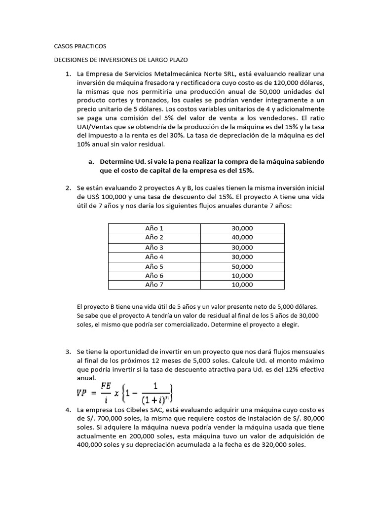 CASOS PRACTICOS - Decisiones de Largo Plazo - Presupuesto de Capital ...