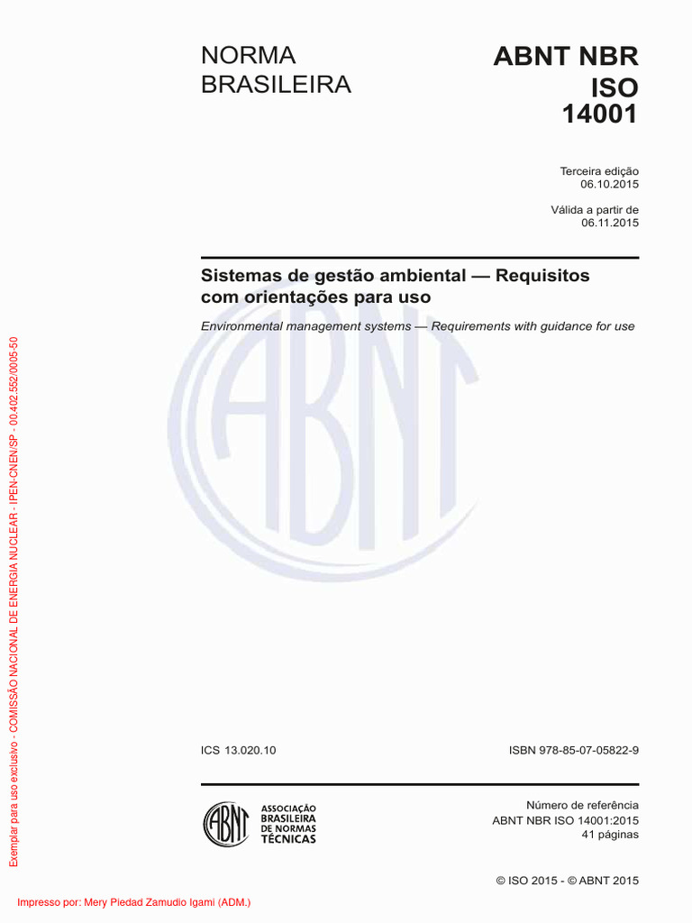 Norma ABNT NBR ISO 14001:2015 | PDF | Liderança | Auditoria interna