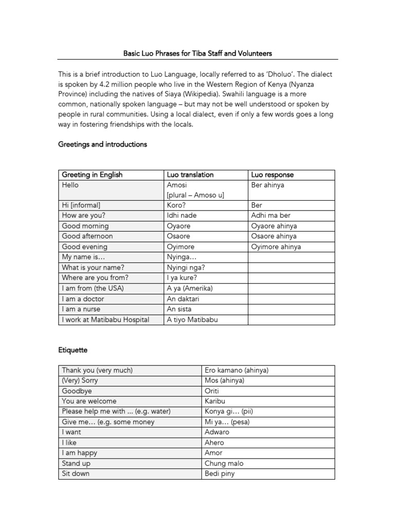 Essential Luo Phrases for Staff | PDF | Medicine | Linguistics