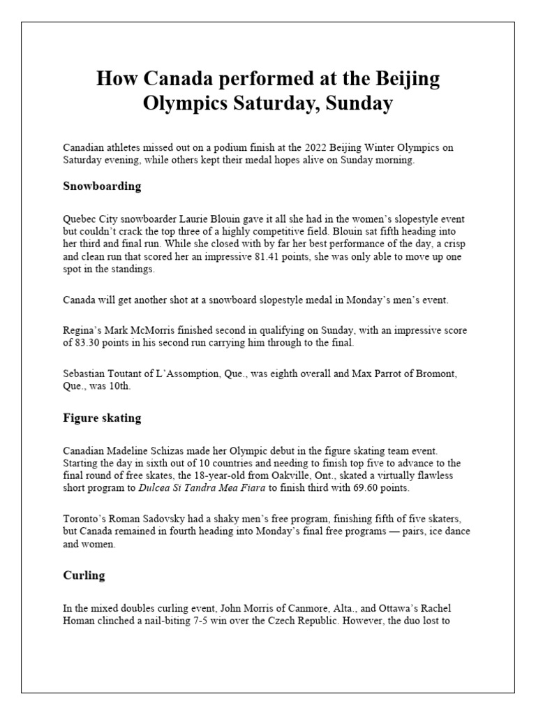 Canada’s Beijing Olympics Day 2 Recap | PDF | Sports | Olympic Games