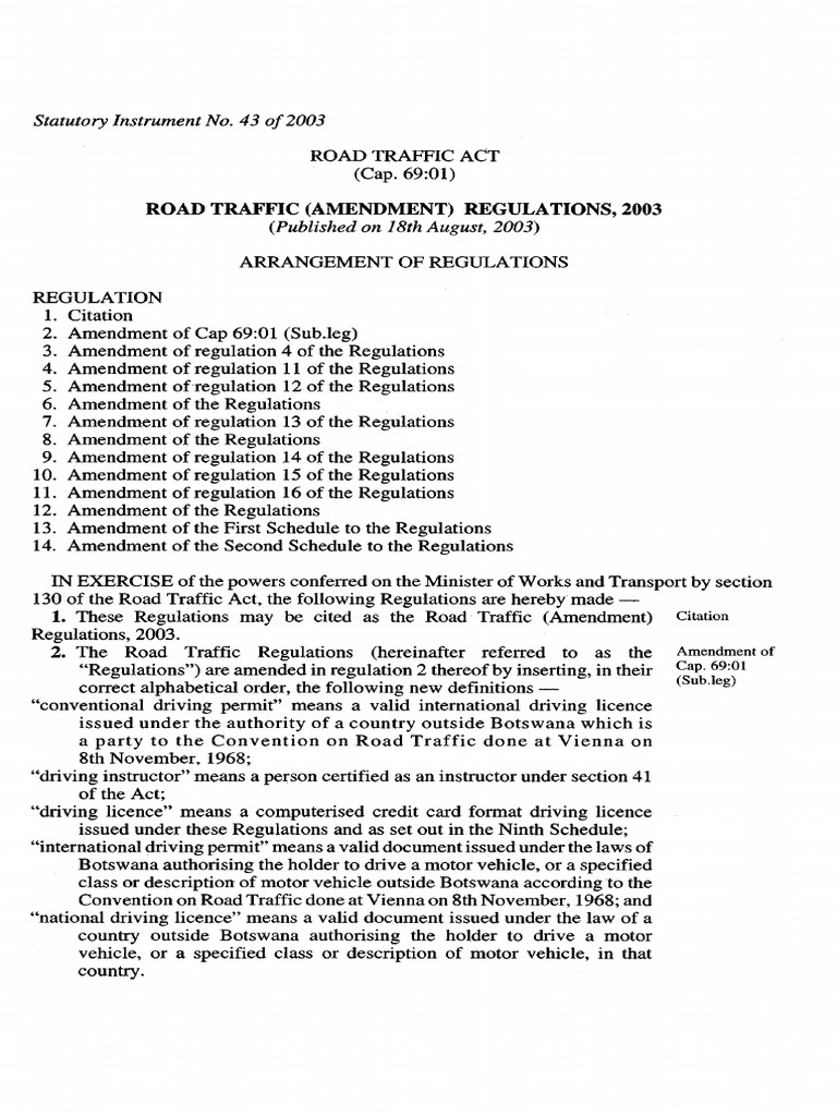 Road Traffic (Amendment) Regulations, S. I. No. 43 of 2003 | PDF ...