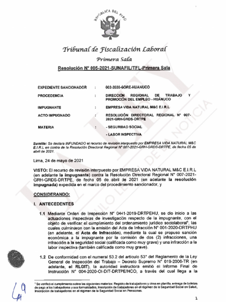 Resolución n 005 2021 Sunafil Tfl Primera Sala La Ley | PDF
