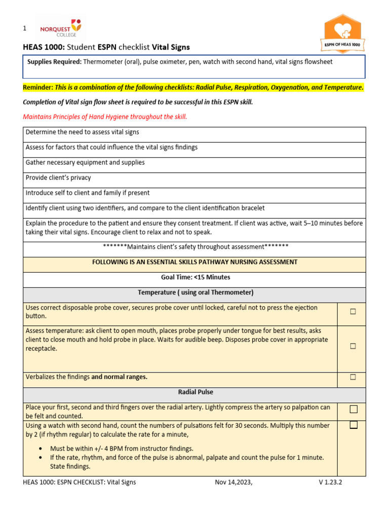 Student HEAS 1000 ESPN Vital Signs Temp, Pulse, Resp, Skill Checklist ...