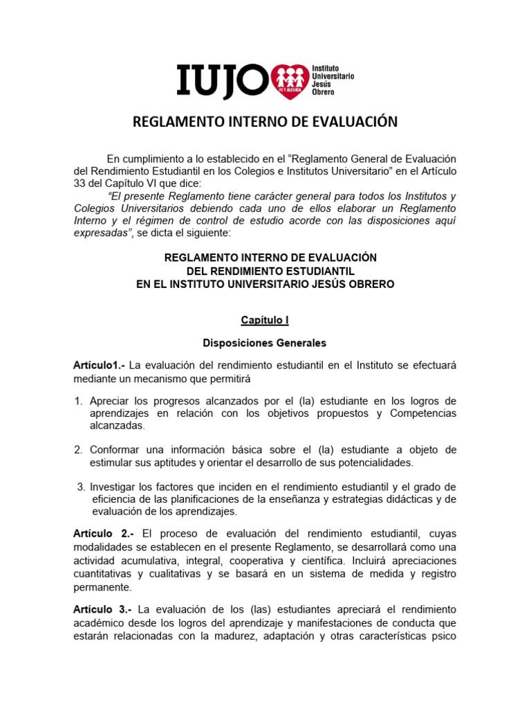 Reglamento Interno de Evaluación IUJO | PDF | Evaluación | Plan de estudios