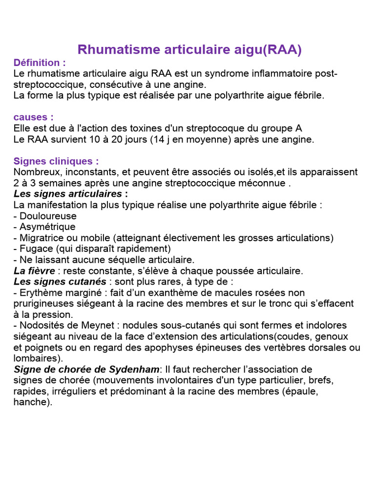 Rhumatisme Articulaire Aigu : Guide Complet | PDF | Streptocoque | Médecine