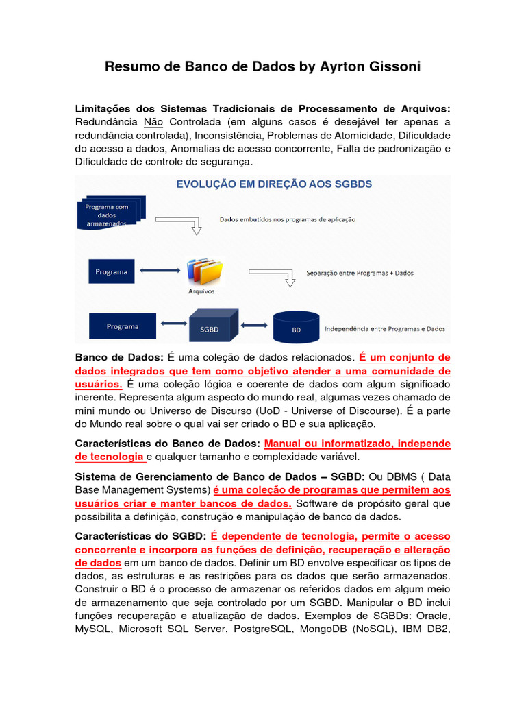 Resumo de Banco de Dados e SGBDs | PDF | SQL | Transação em base de dados