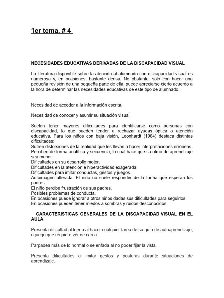 Necesidades Educativas Derivadas de La Discapacidad Visual | PDF ...