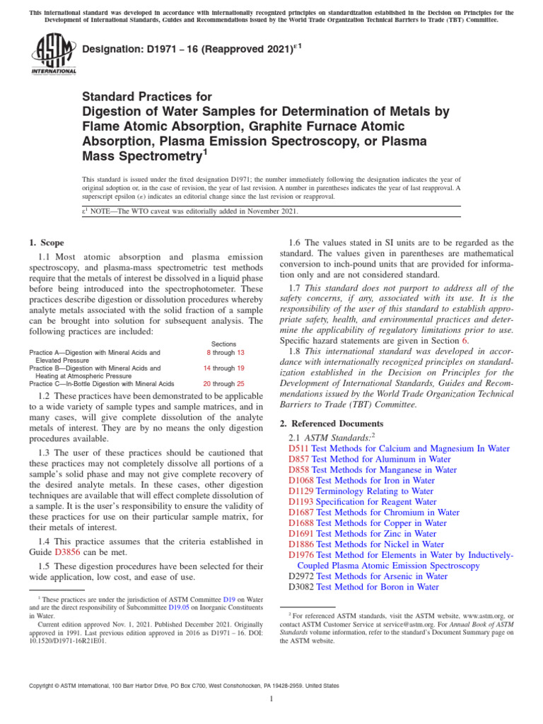 ASTM D1971-16 (2021) E1 Digestion o Water Samples For Determination o ...