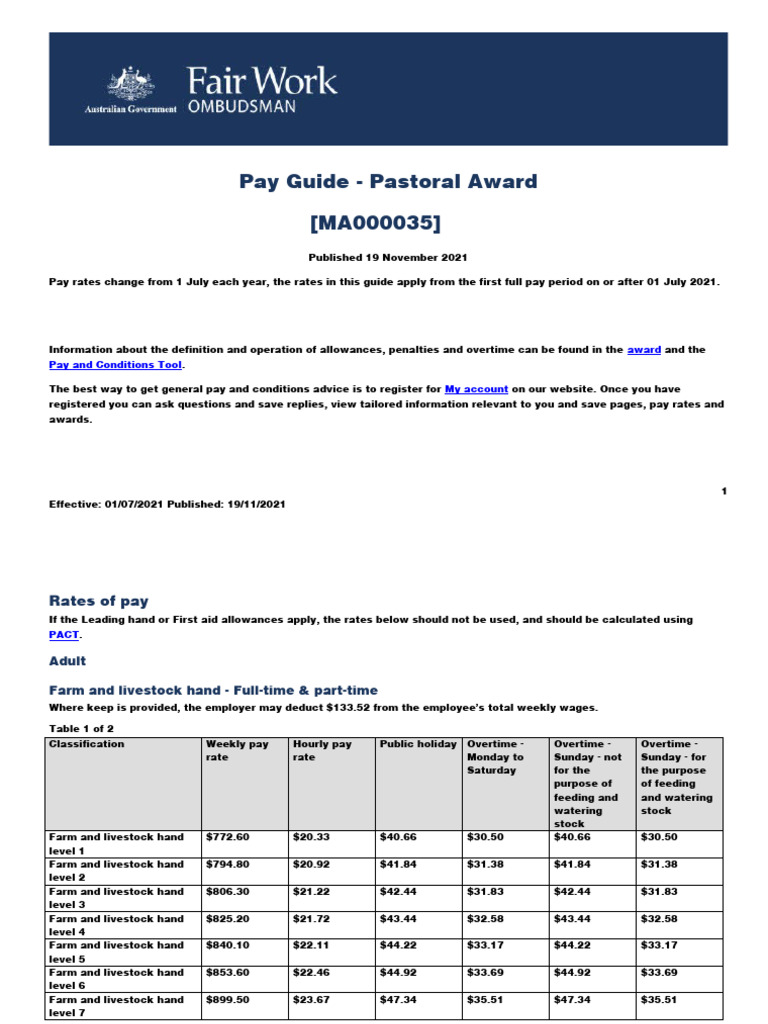 Pastoral Award Ma000035 Pay Guide PDF Sheep Overtime