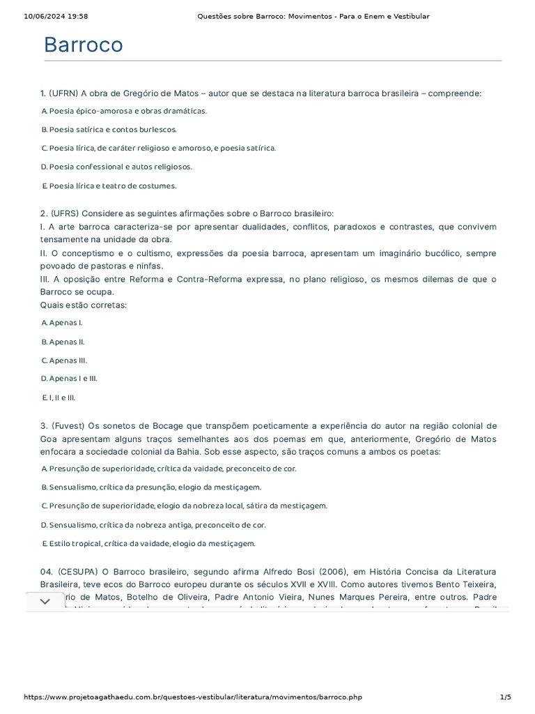 Questões sobre Barroco para o Enem | PDF | Barroco | Poesia