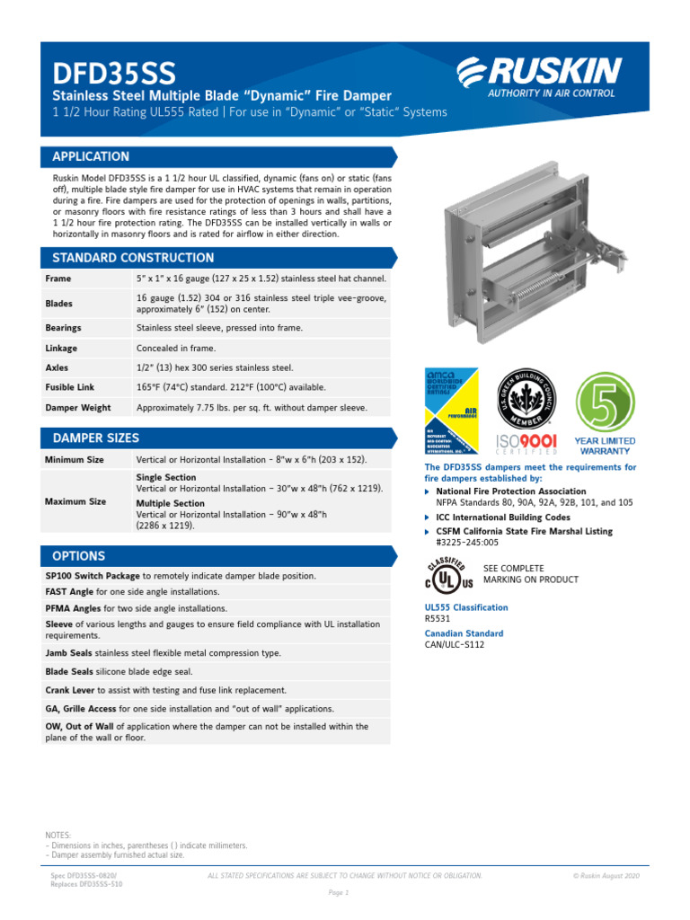 Ruskin DFD35SS Fire Damper Specifications | PDF | Duct (Flow) | Fuse ...