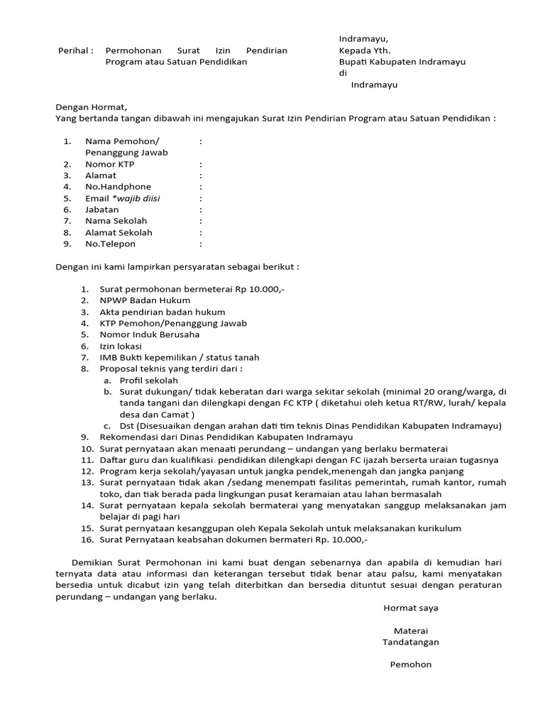 Permohonan Izin Pendirian Satuan Pendidikan Operasional Sekolah Pdf