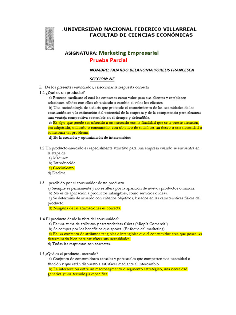 Examen de Marketing Empresarial UNFV | PDF | Producto (Negocio) | Marketing
