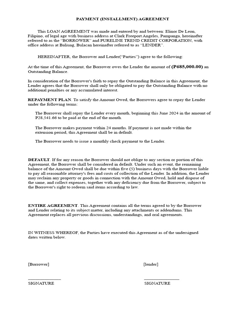 Payment Installment Agreement Template | PDF | Debtor | Loans
