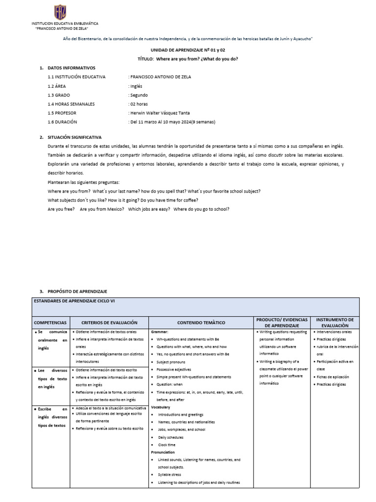 1 - Unidad de Aprendizaje - 2do Grado - 2024 - Final | PDF ...