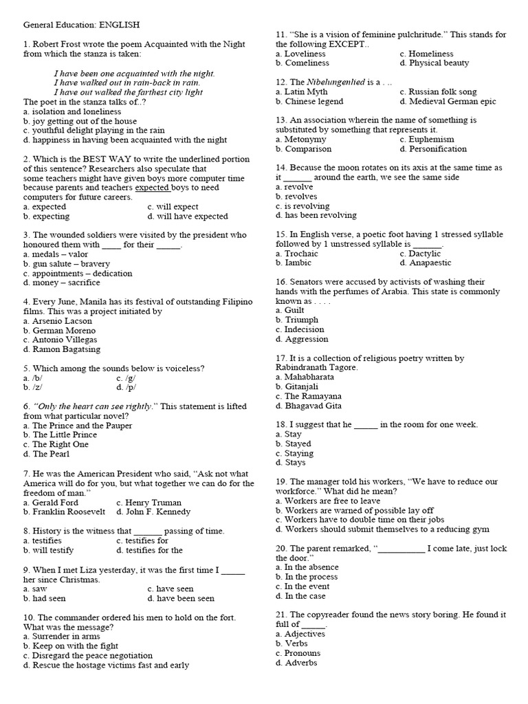 English General Education Quiz Questions | PDF | Poetry