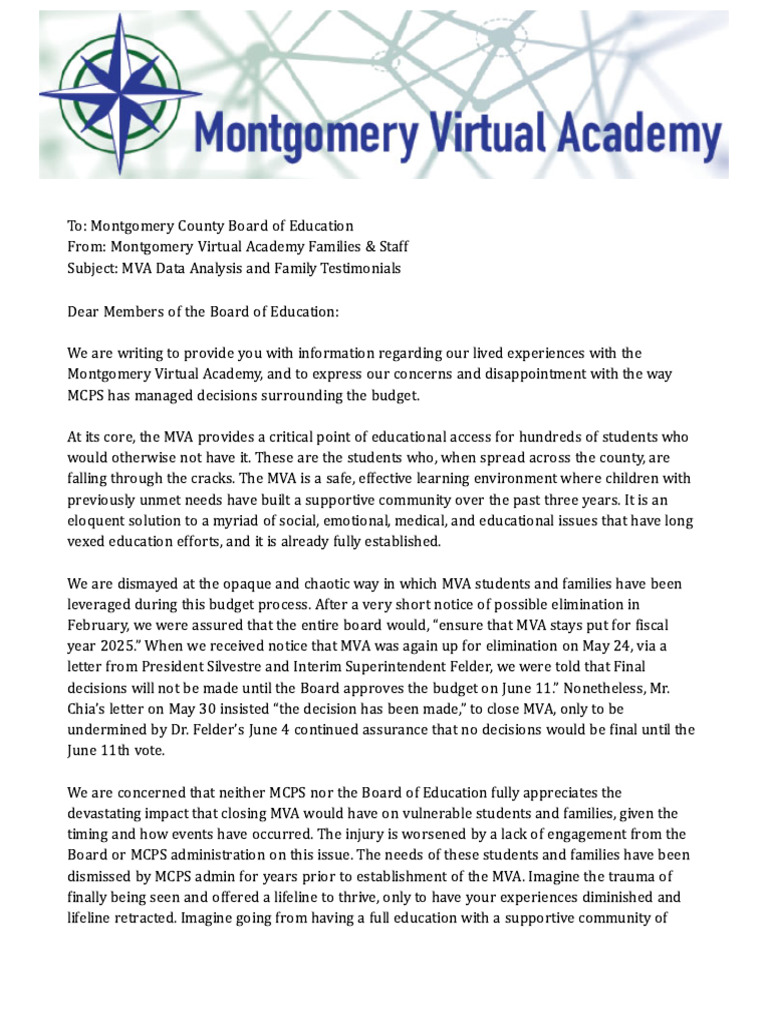 MCPS Montgomery Virtual Academy School Letter To Board of Education ...