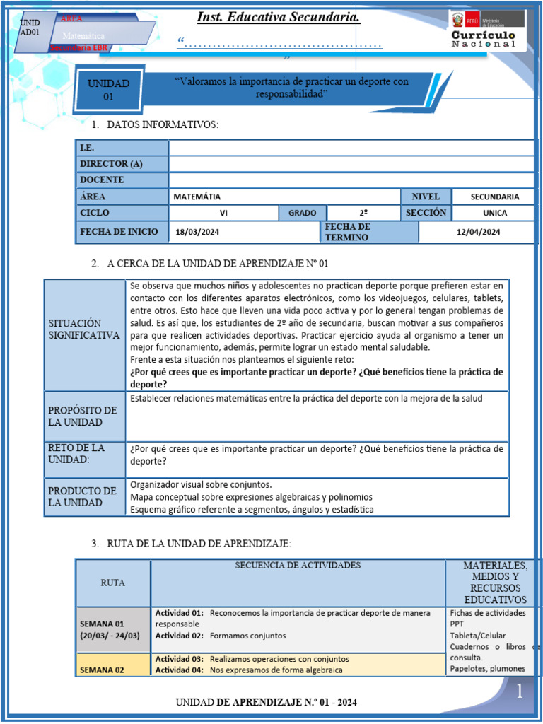 Unidad de Aprendizaje: Matemáticas y Deporte | PDF | Aprendizaje ...