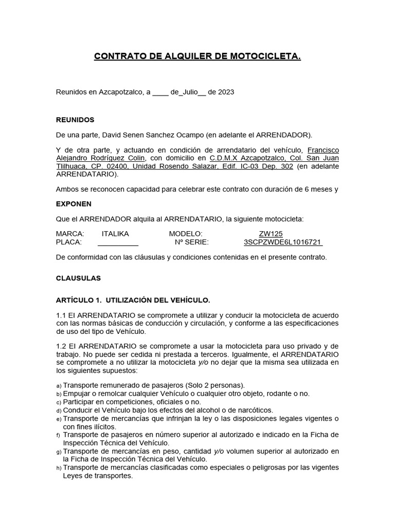 Contrato de Alquiler de Motocicleta | PDF | Transporte | Motocicleta