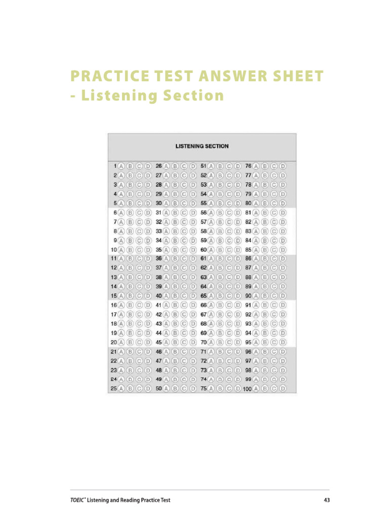 Toeic Test 1 Answer Sheets | PDF