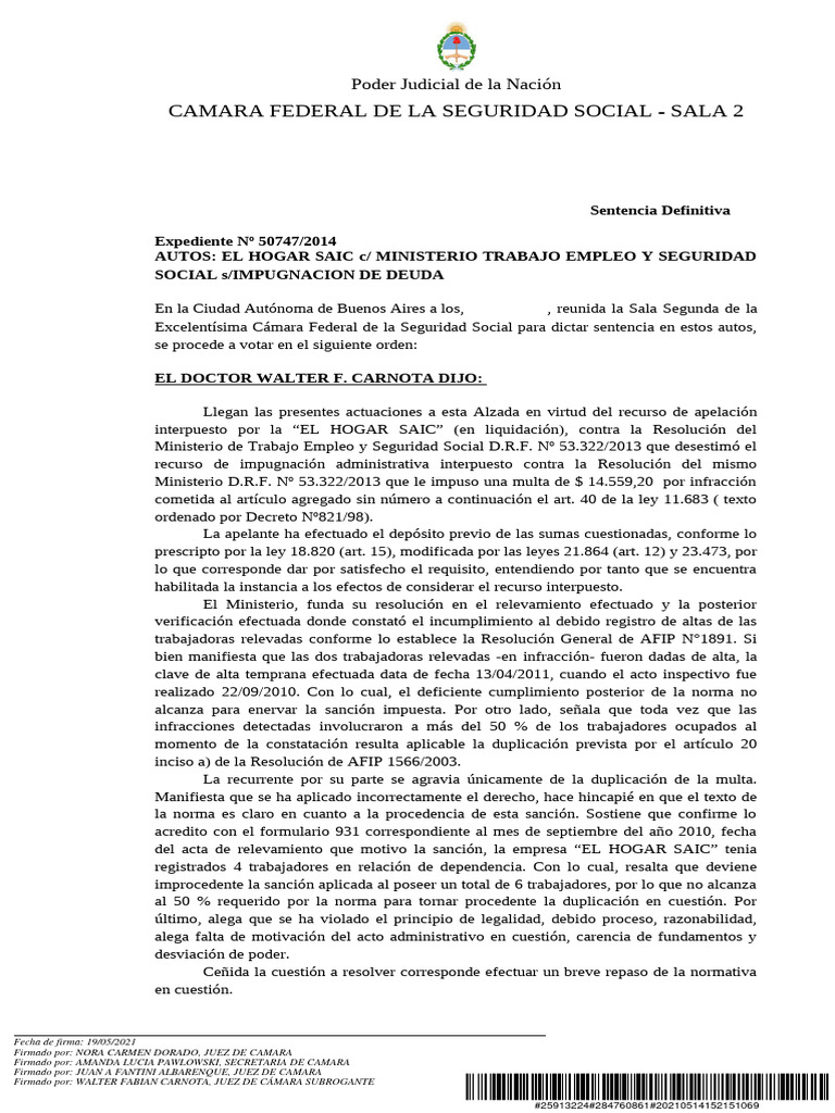 SeguridadSocial Jurisprudencia 2021 El Hogar SAIC Impugancion Deuda 