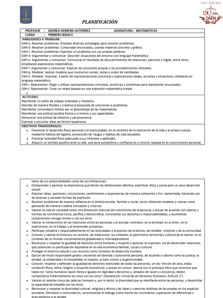 Planificación Matemática Primer Grado | PDF | Matemáticas | Aprendizaje