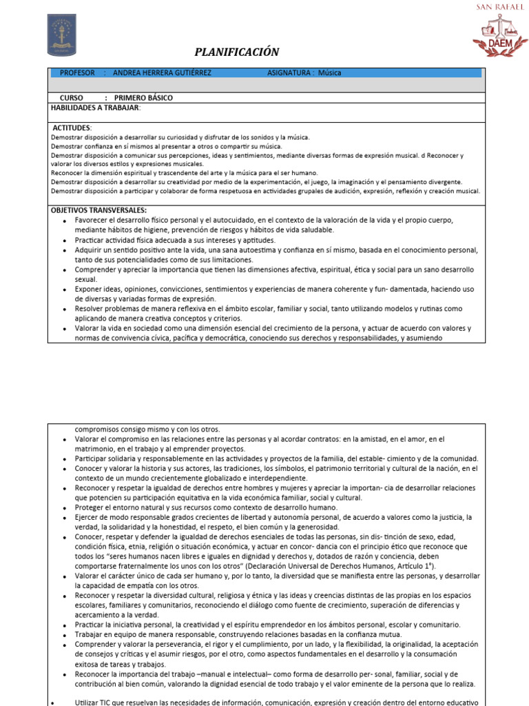 Planificación Musica 1° - 2024 | PDF | Ritmo | Canciones