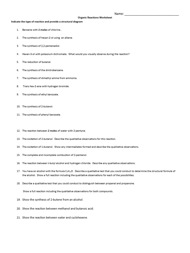 Organic Reactions Worksheet Guide | PDF | Science & Mathematics