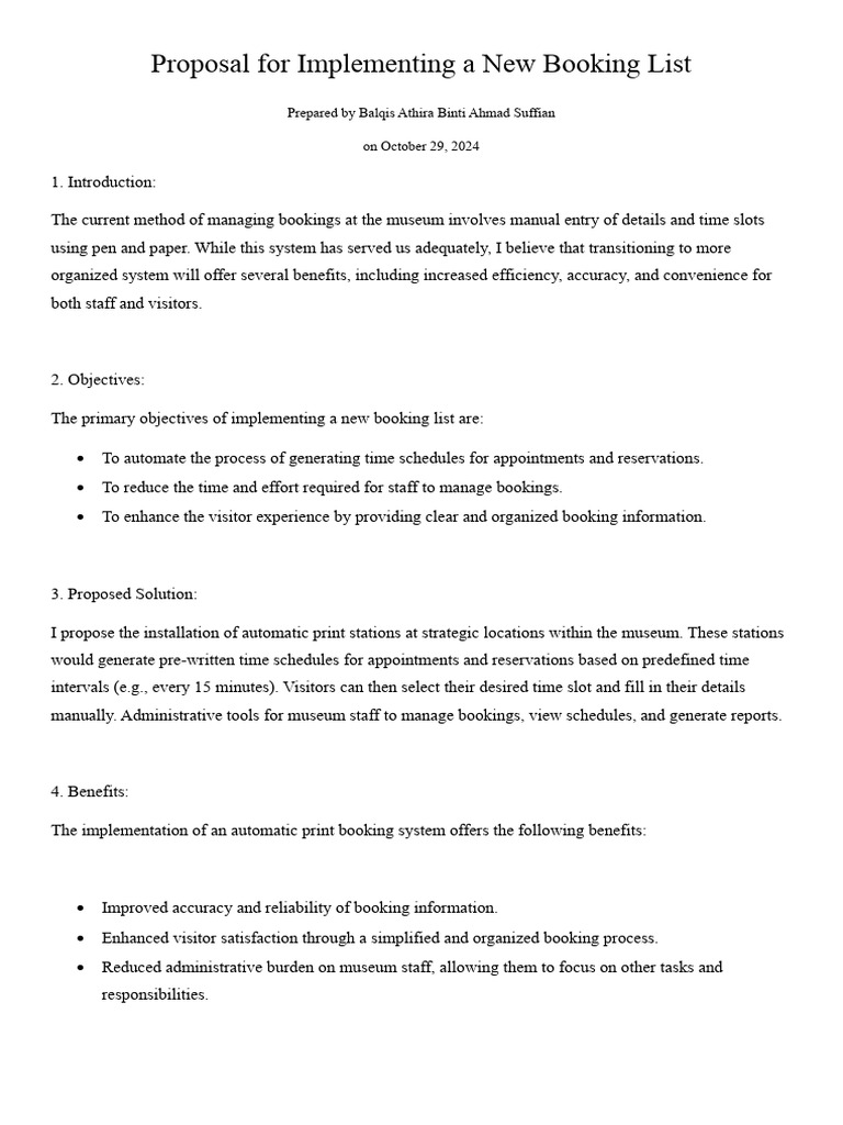 Proposal for implementing a new booking list pdf museum