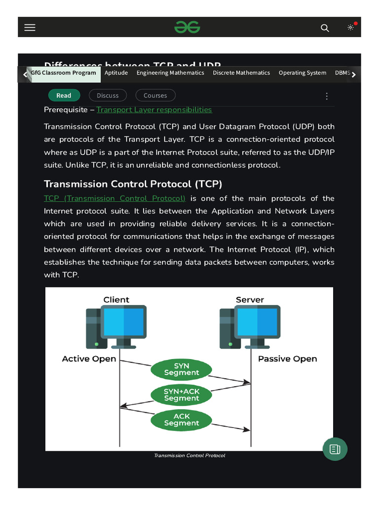 Differences Between TCP and UDP - GeeksforGeeks | Download Free PDF ...