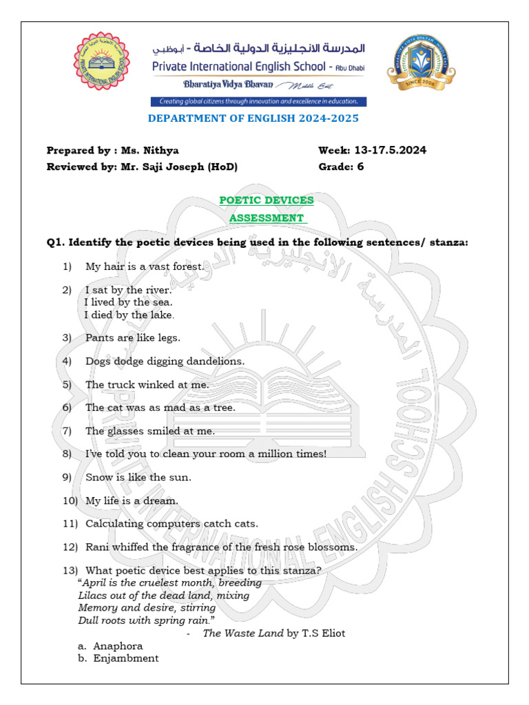 Grade 6 Poetic Devices Assessment | PDF | Poetry | Poetic Devices