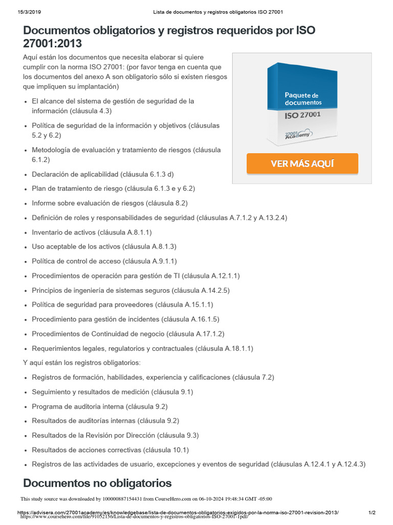 Lista de Documentos y Registros Obligatorios ISO 27001 1 PDF | PDF ...