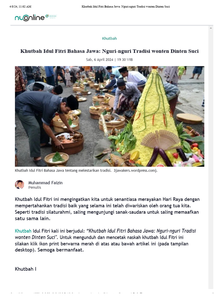 Khutbah Idul Fitri: Nguri-nguri Tradisi | PDF