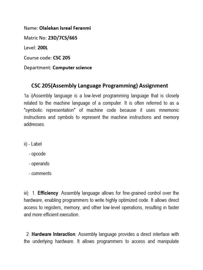 CSC 205 (Assembly Language Programming) Assignment | PDF | Assembly ...