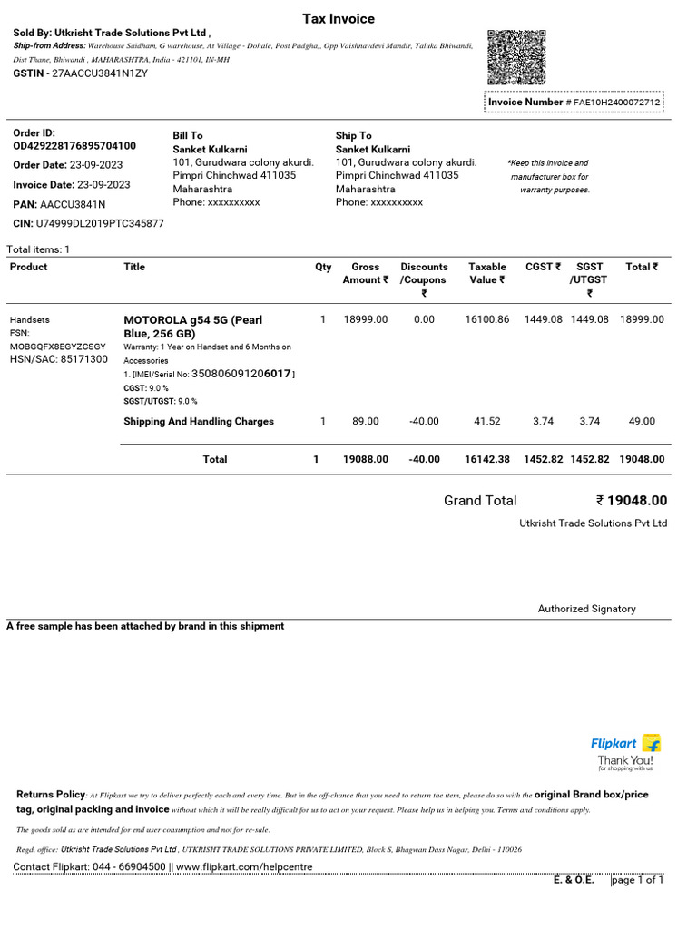 Invoice for Motorola g54 5G Purchase | PDF | Taxes